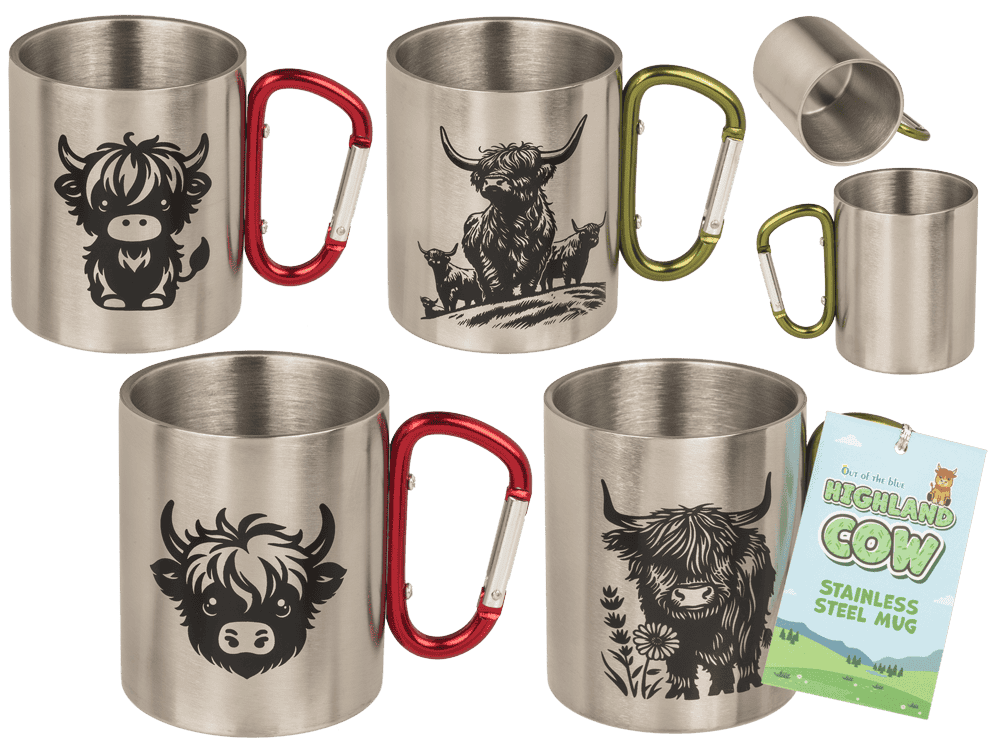 Stainless steel mug with 2 colored carabiner,