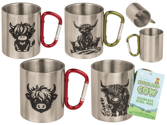 Stainless steel mug with 2 colored carabiner,