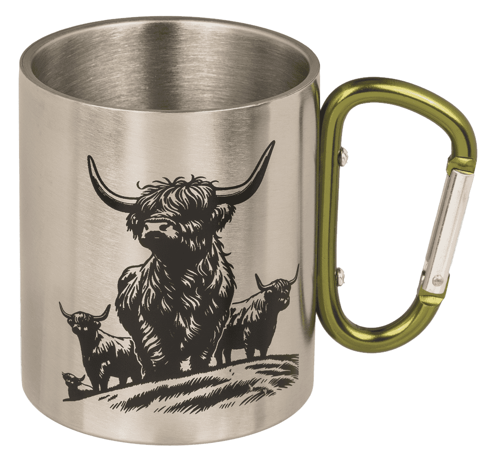 Stainless steel mug with 2 colored carabiner,