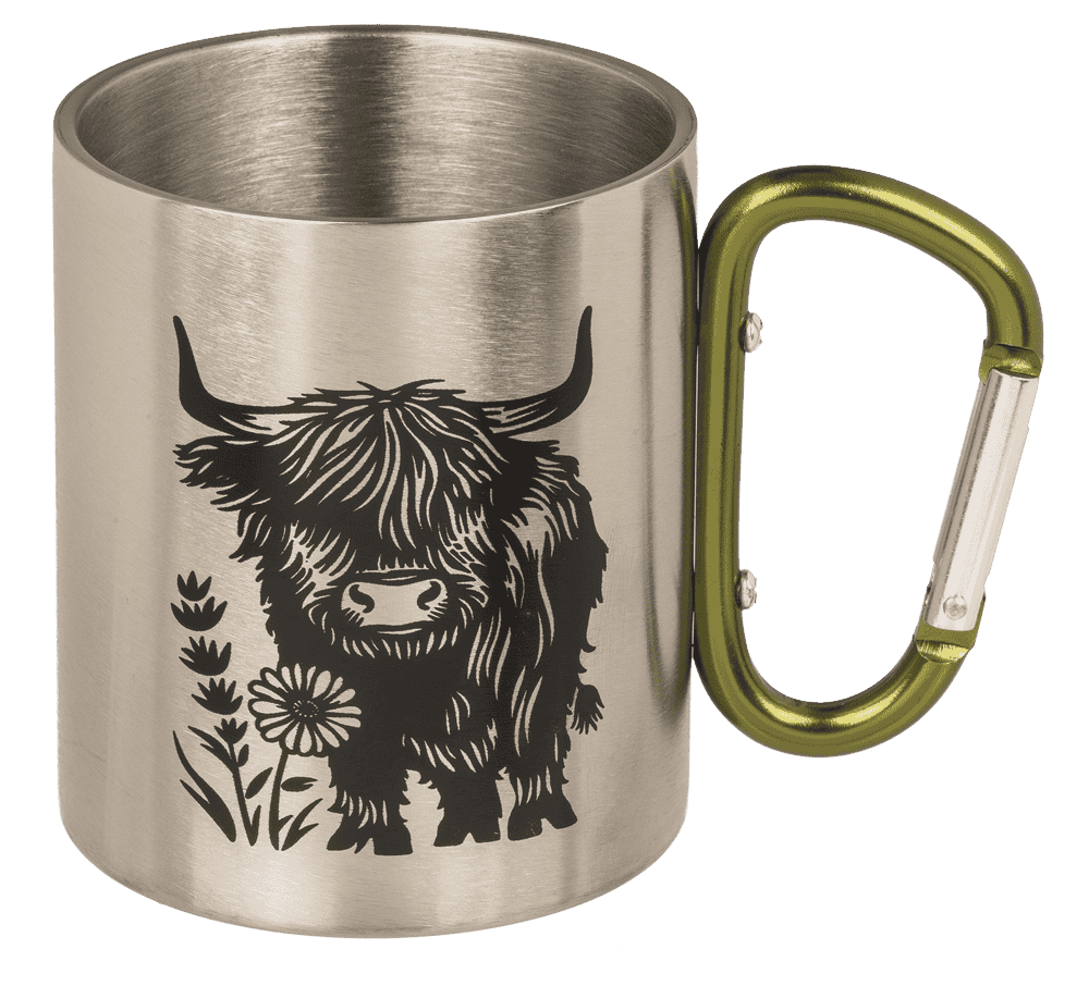 Stainless steel mug with 2 colored carabiner,
