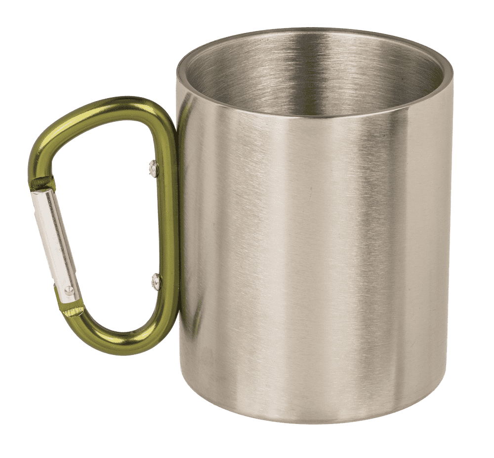 Stainless steel mug with 2 colored carabiner,