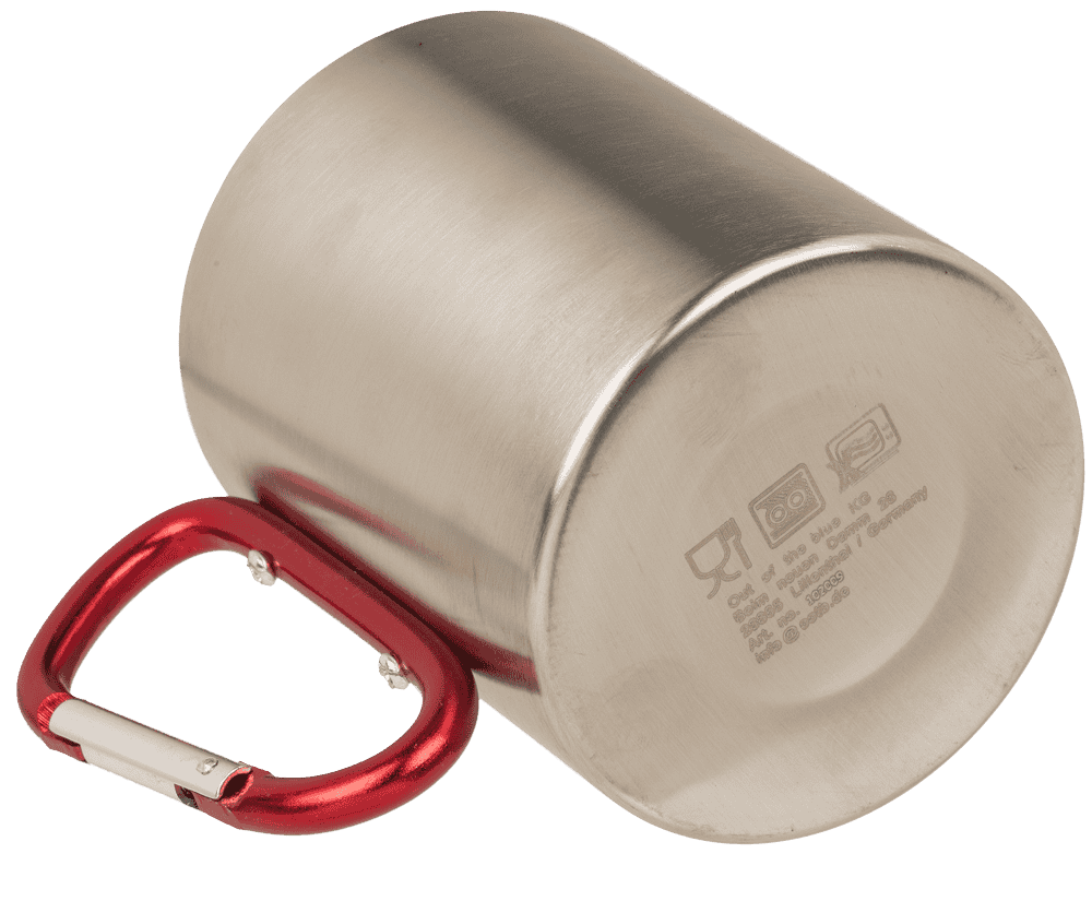 Stainless steel mug with 2 colored carabiner,