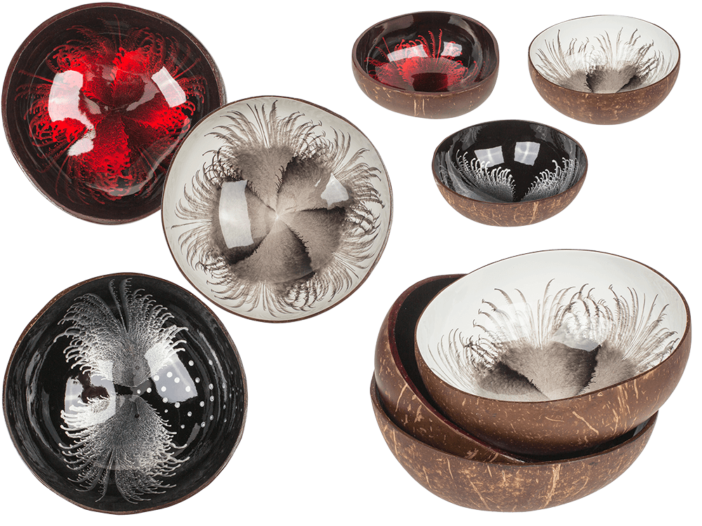 Coconut bowl, painted, 3 assorted,