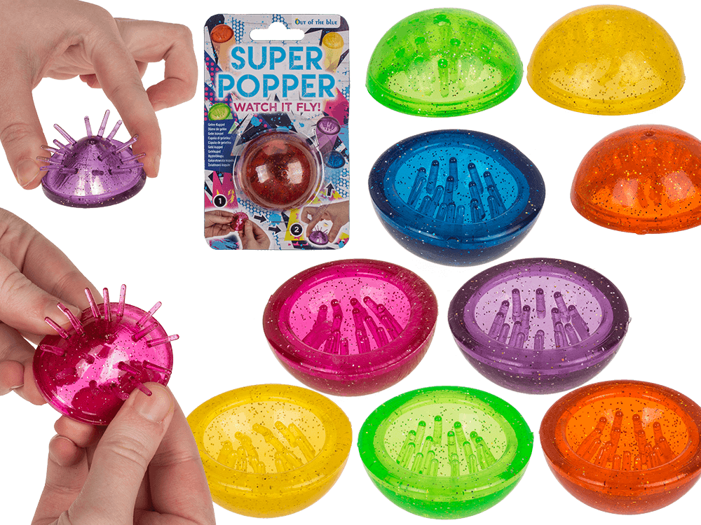 12-0803_000.png Super Popper Jelly Dome met glittereffect, 4,5 cm, in 6 kleuren, op blisterkaart. Speelgoed voor buiten.