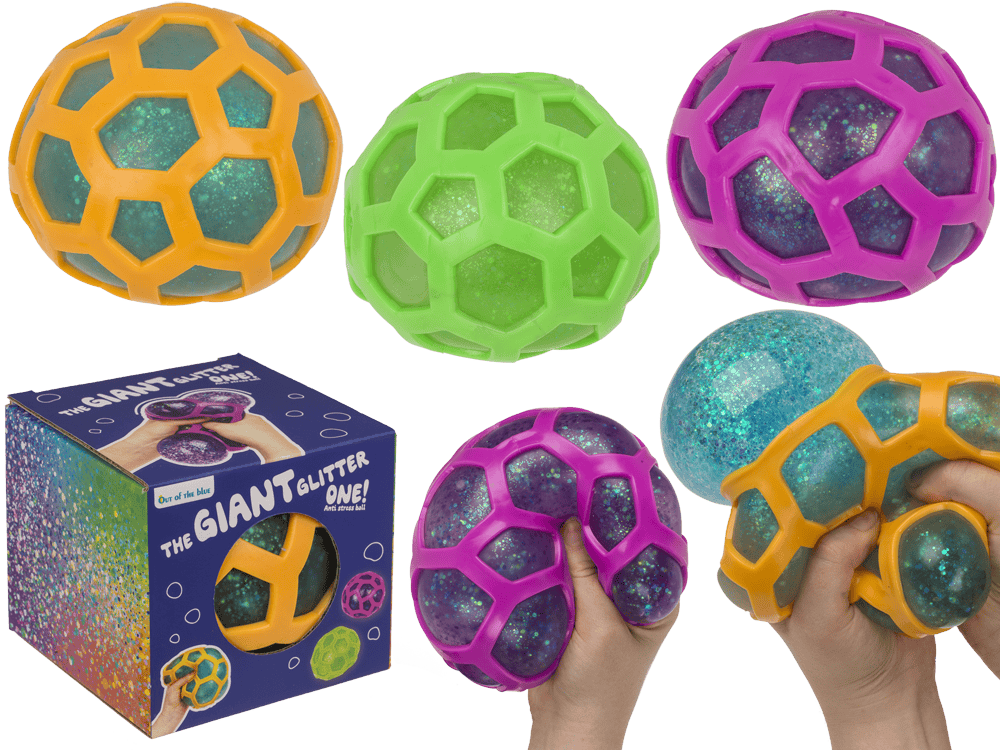 Squeeze ball in rubber net, glitter, approx.12 cm,