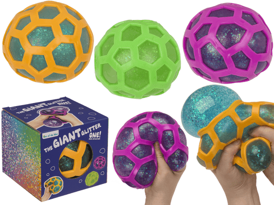 Squeeze ball in rubber net, glitter, approx.12 cm,