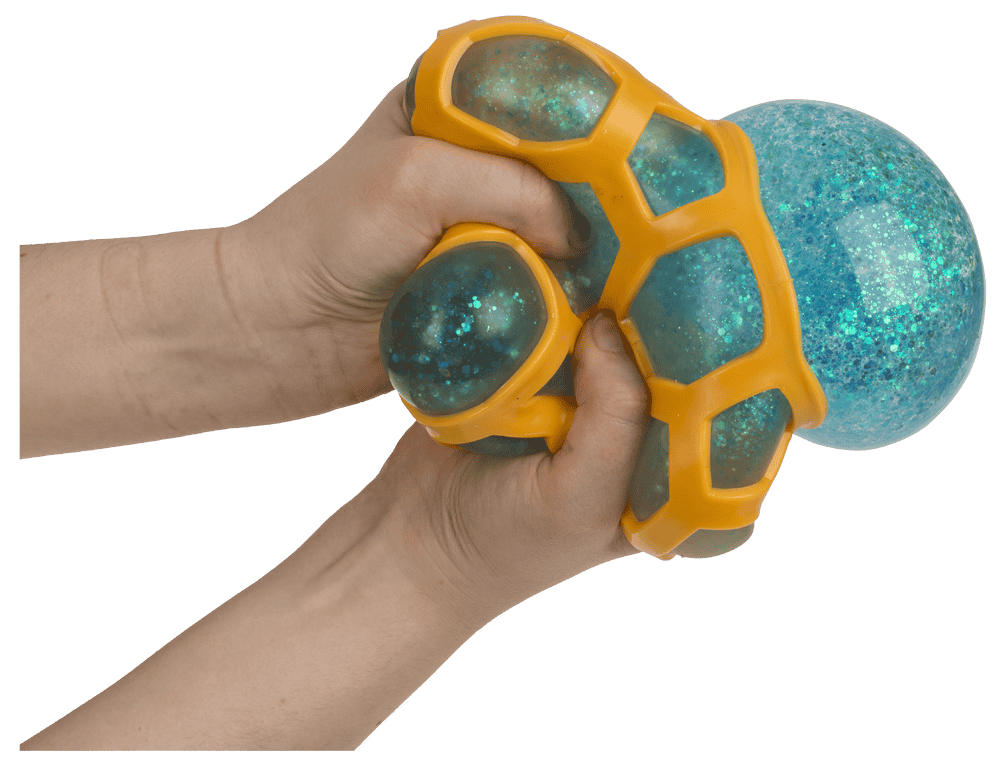 Squeeze-Ball im Gummi-Netz, Glitter,  ca. 12 cm,