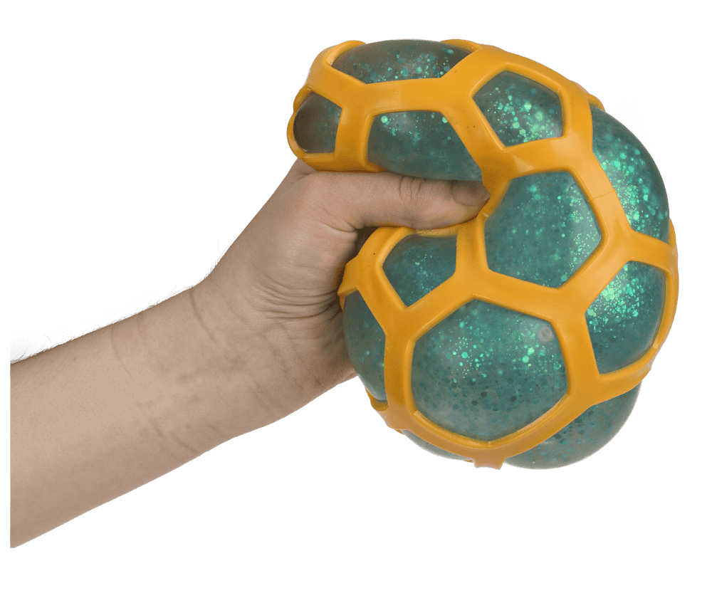 Squeeze-Ball im Gummi-Netz, Glitter,  ca. 12 cm,