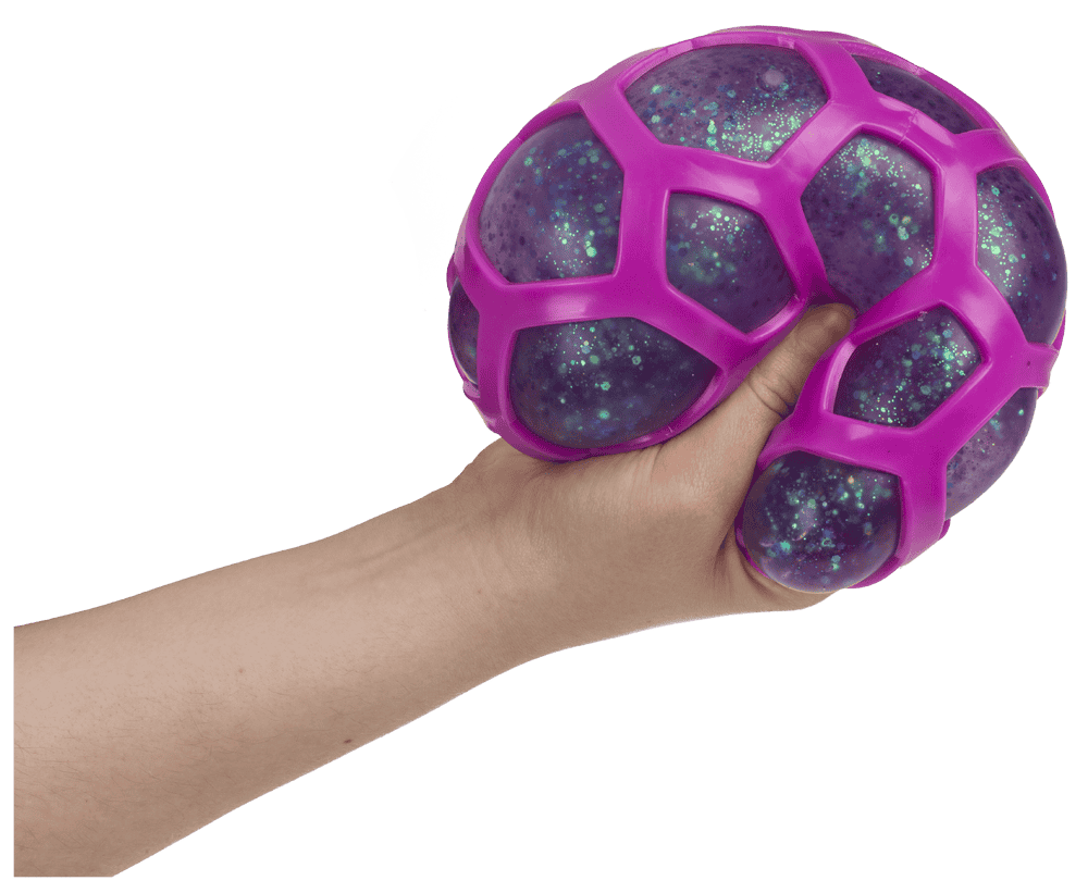 Squeeze-Ball im Gummi-Netz, Glitter,  ca. 12 cm,