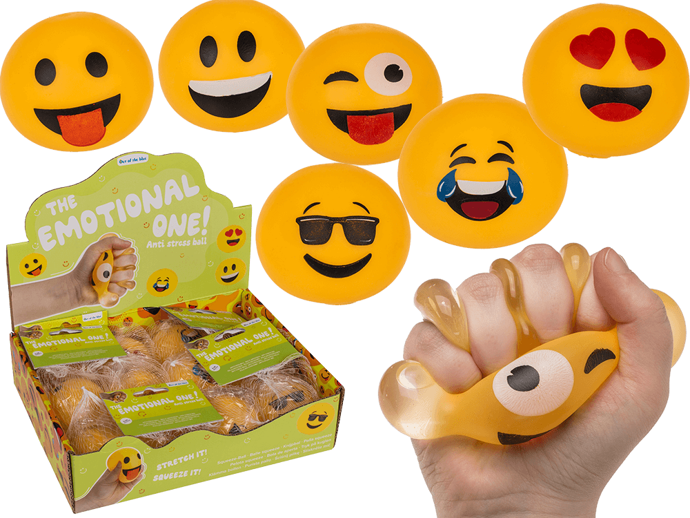 12-0944_000.png Zes vrolijke anti-stressballen in de vorm van emojis, verpakt in een display met 12 stuks.