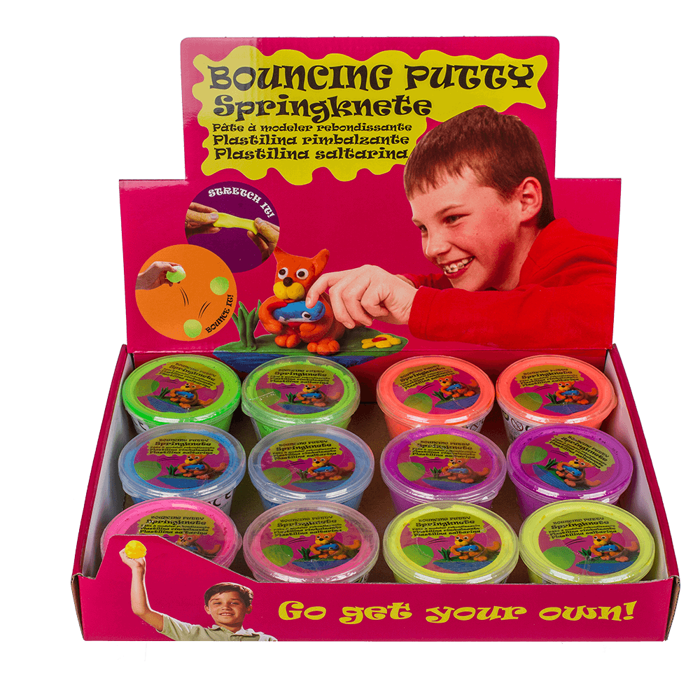 Bouncing putty in plastic tin,
