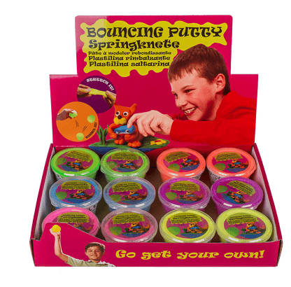 Bouncing putty in plastic tin,