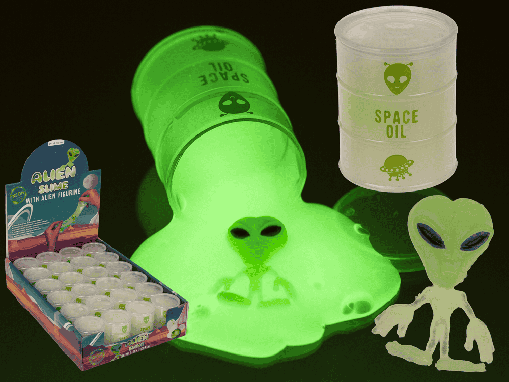 12-3032_000.png Glow in the dark alien slijm met alien figuurtje, 60g in blik, 24 stuks per display.