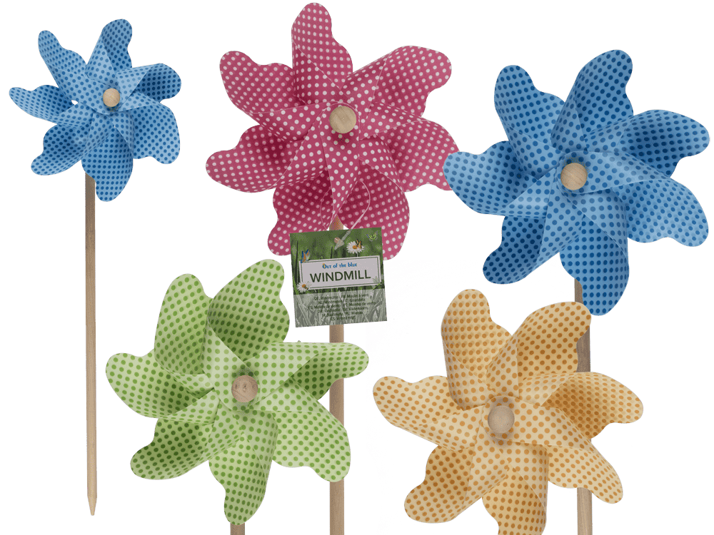 Coloured windmill with dots on wooden stick,