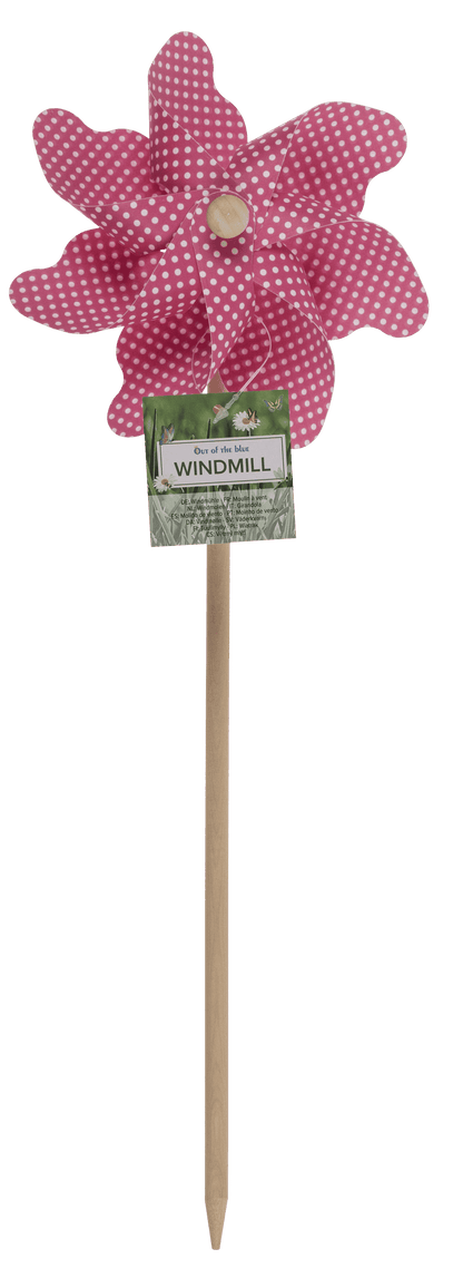 Coloured windmill with dots on wooden stick,