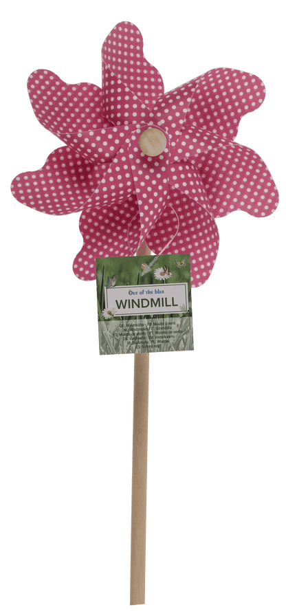 Coloured windmill with dots on wooden stick,