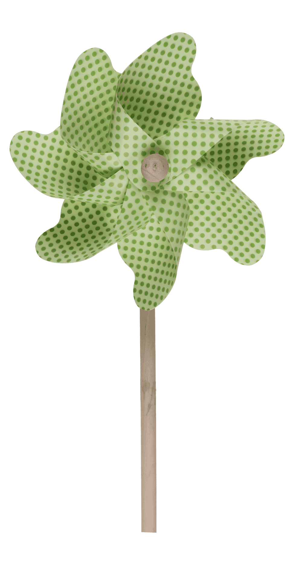 Coloured windmill with dots on wooden stick,