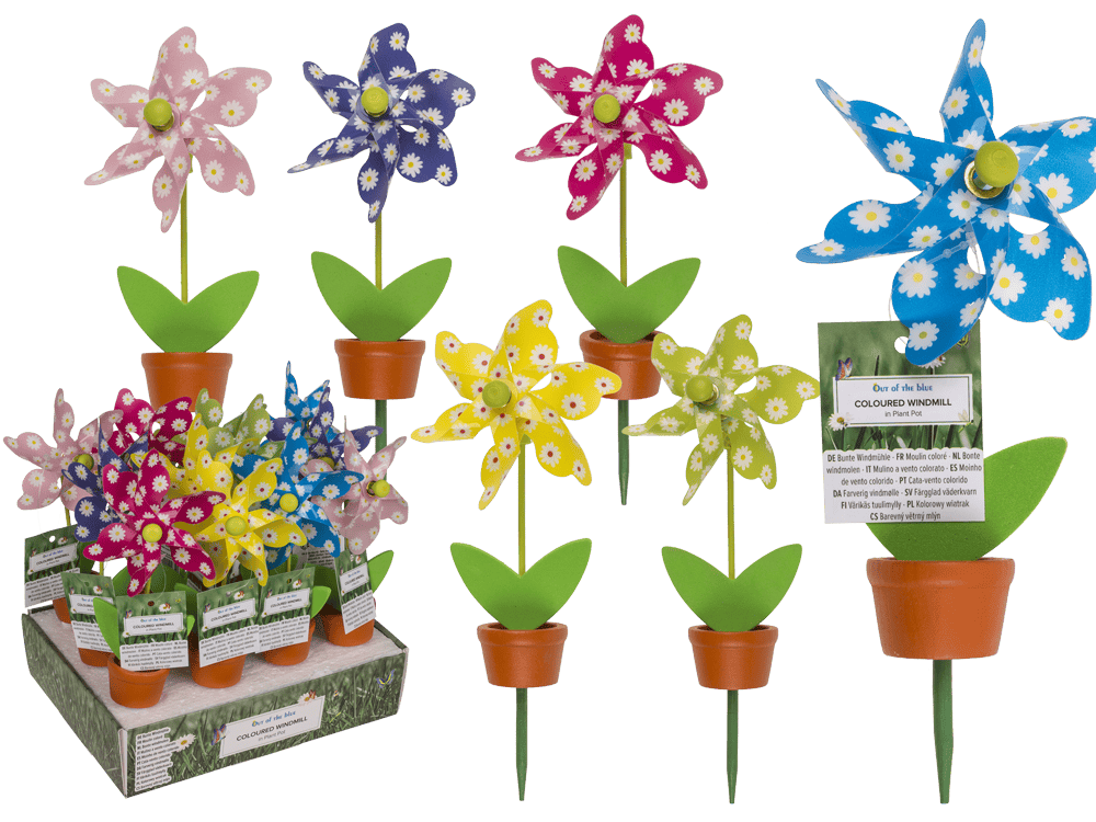 137251_000.png Kleurige windmolens in pot met houten stok, 6 kleuren, 12 stuks per display, ideaal voor tuinversiering.