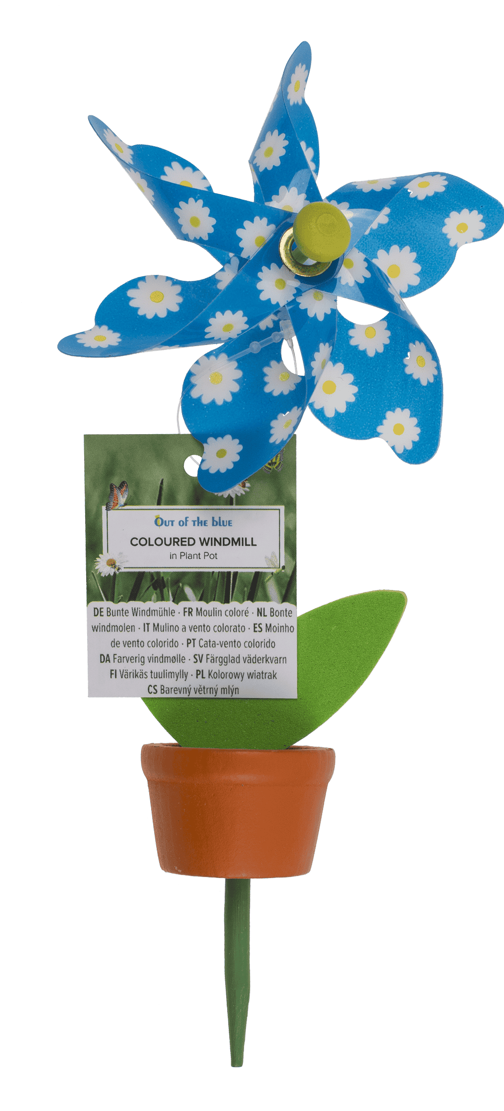 Coloured Windmill in Plant Pot with wooden stake,