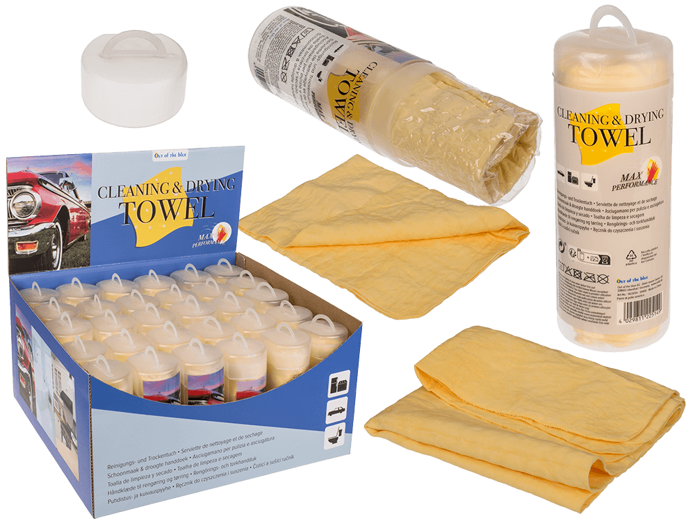 14-2054_000.png Synthetische chamoisdoek, 43 x 32 cm, in plastic buis, 36 stuks per display, ideaal voor schoonmaken en drogen.