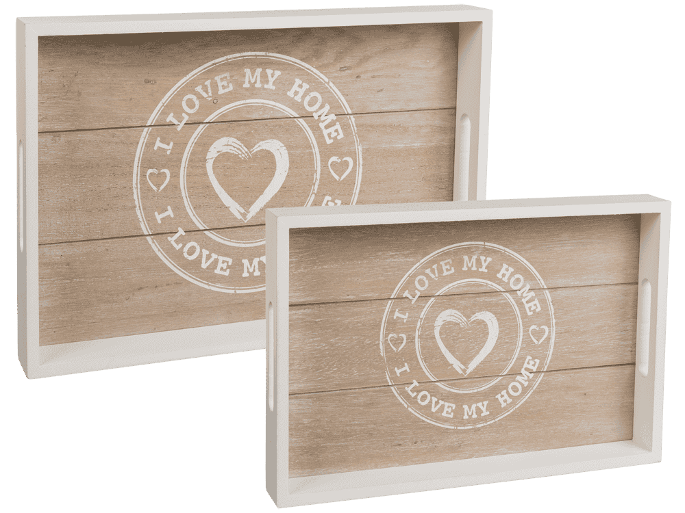 White/nature coloured wooden tray, I love my home,