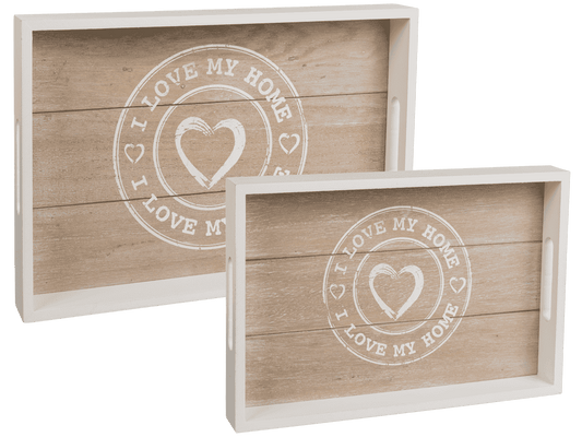White/nature coloured wooden tray, I love my home,