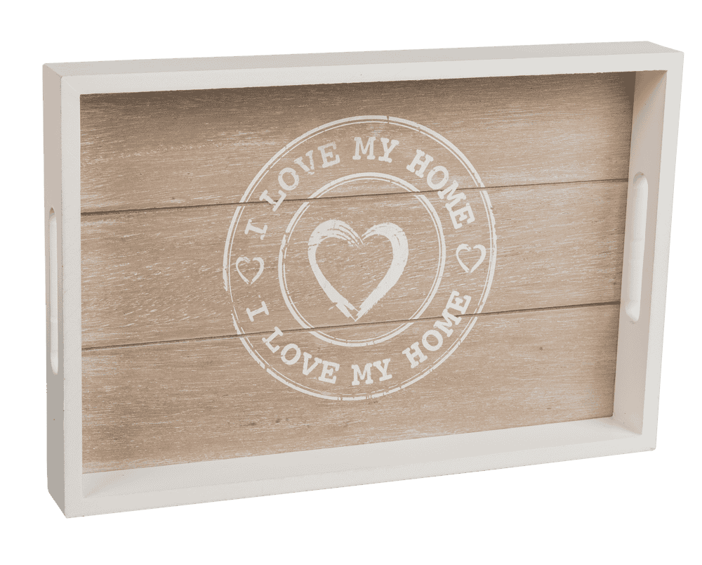 White/nature coloured wooden tray, I love my home,