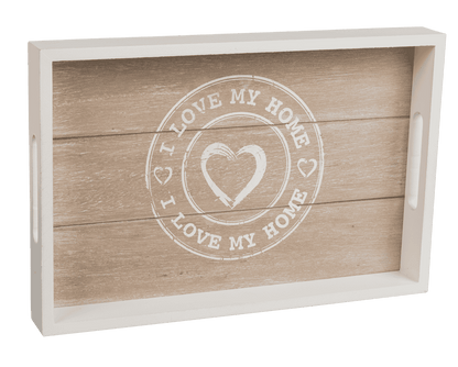 White/nature coloured wooden tray, I love my home,