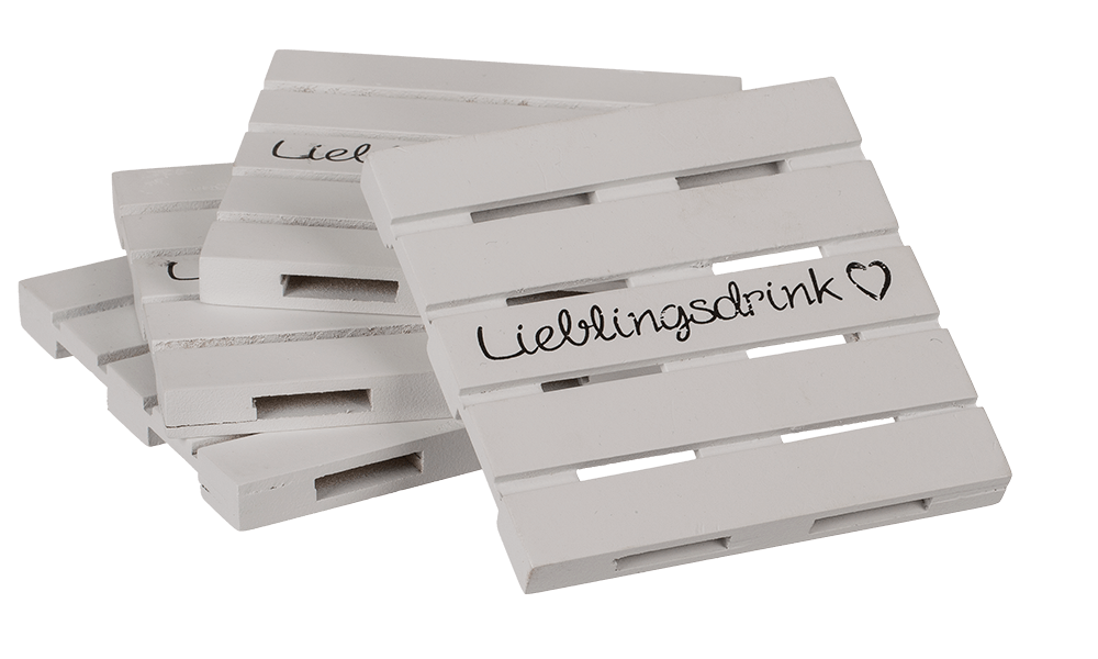 White wooden coaster, Lieblingsdrink,