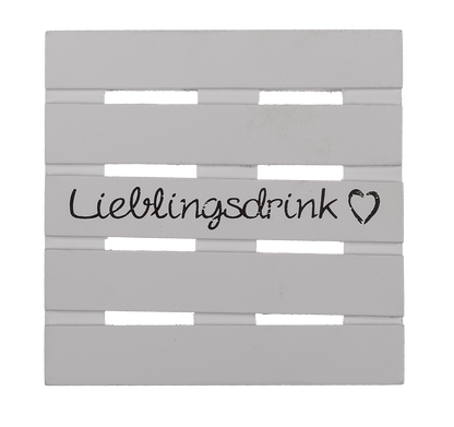 White wooden coaster, Lieblingsdrink,