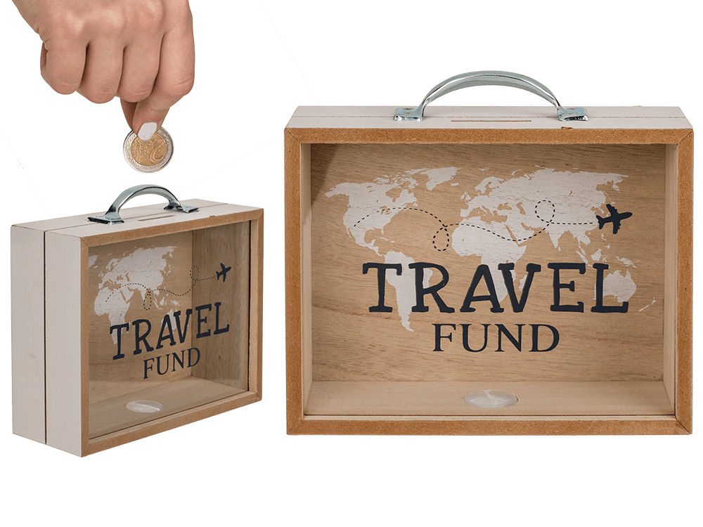 Wooden savings box, Travel Fund,