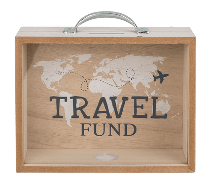 Wooden savings box, Travel Fund,