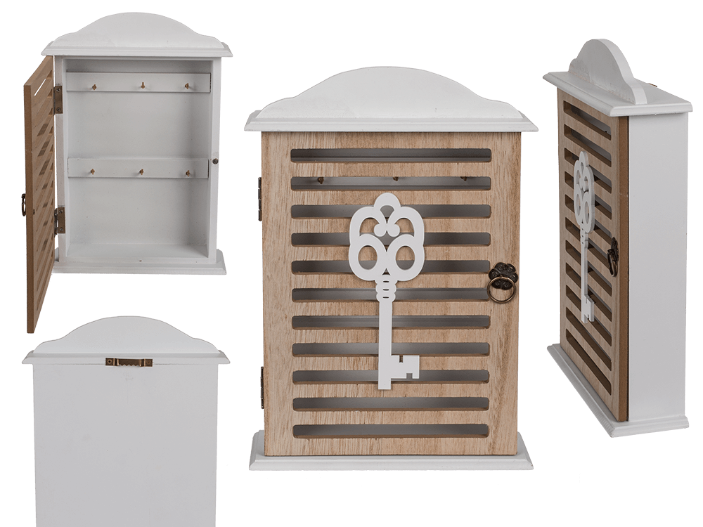144292_000.png Witte houten sleutelbox met sleutelsymbool, afmetingen ongeveer 27,5 x 19 cm, met open en gesloten zijden zichtbaar.
