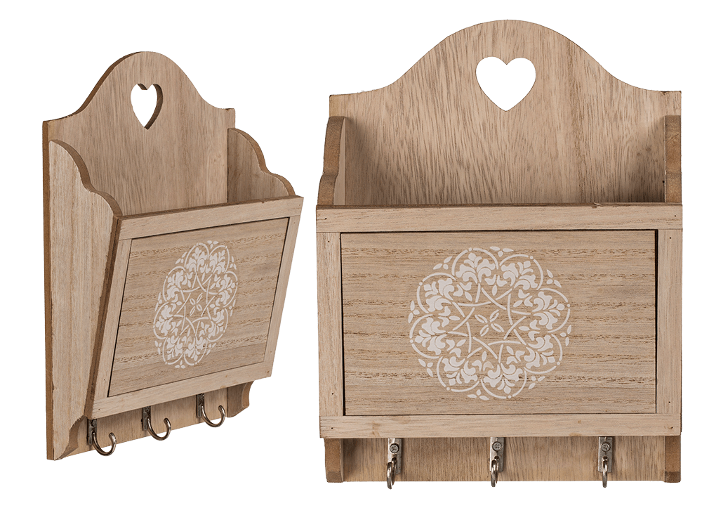 Natural coloured wooden key box with 3 hooks &,