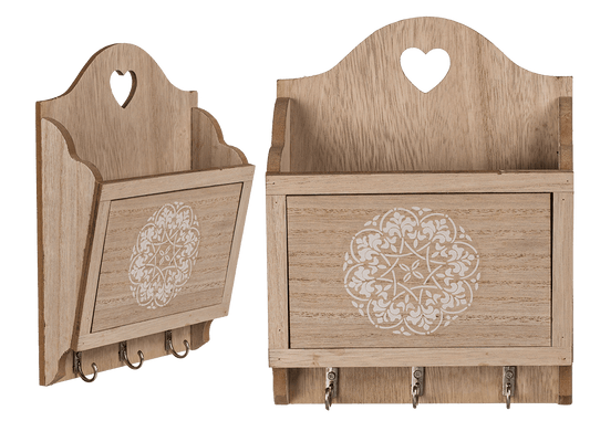 Natural coloured wooden key box with 3 hooks &,