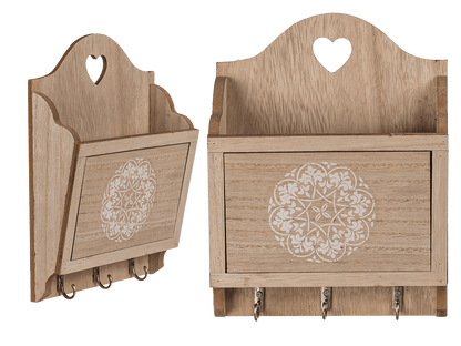 Natural coloured wooden key box with 3 hooks &,