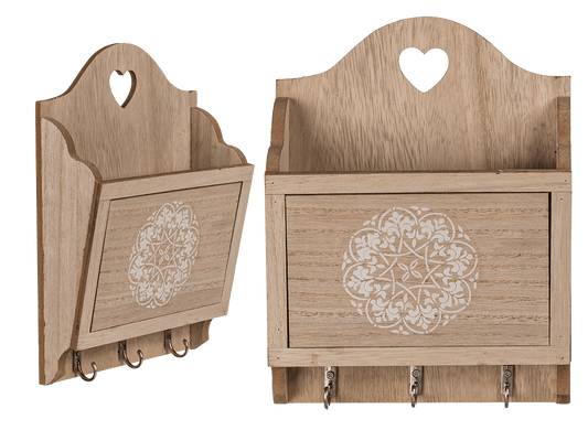 Natural coloured wooden key box with 3 hooks &,