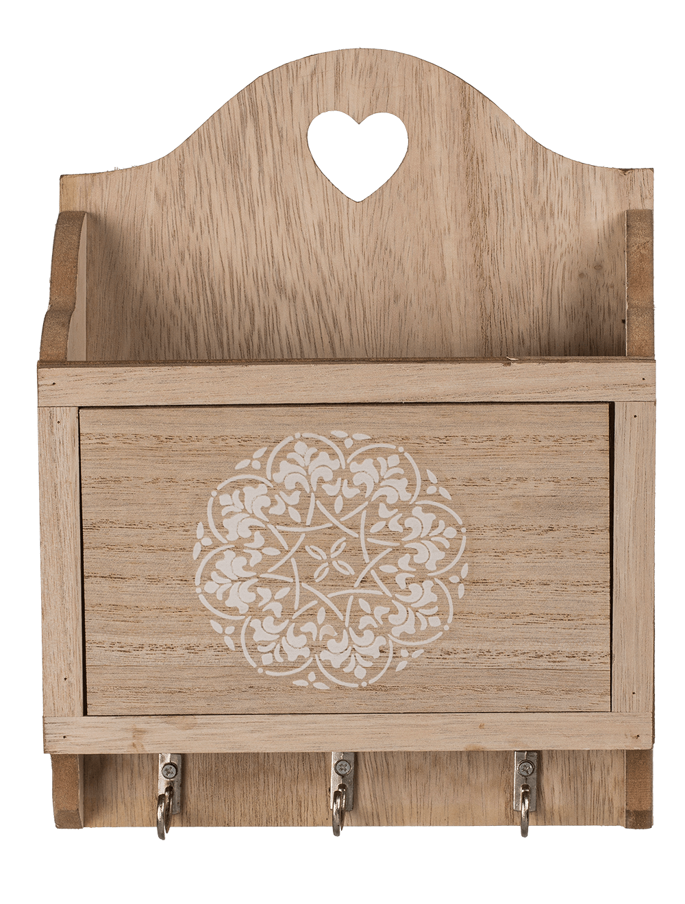 Natural coloured wooden key box with 3 hooks &,