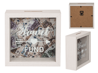 White wooden savings box, Travel Fund,