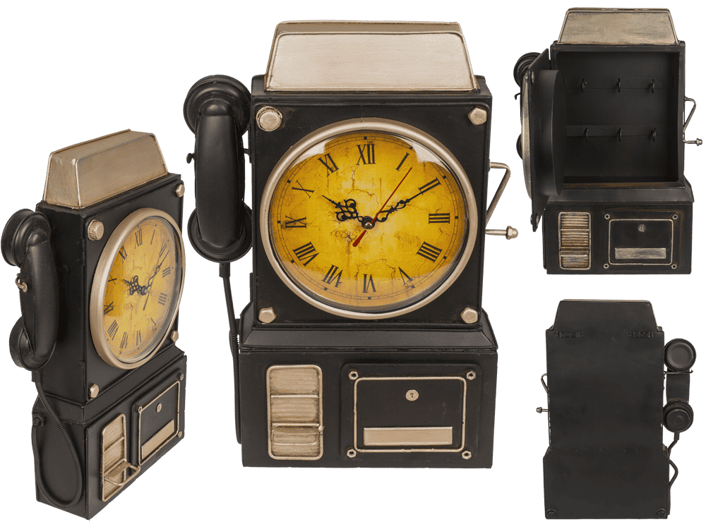 144348_000_bd1c83ee-cd50-40ca-802e-402fee776ce5.png Metalen sleutelkluis in de vorm van een retro telefoonklok, 26 x 35,5 cm, met ruimte voor 1 AA batterij.