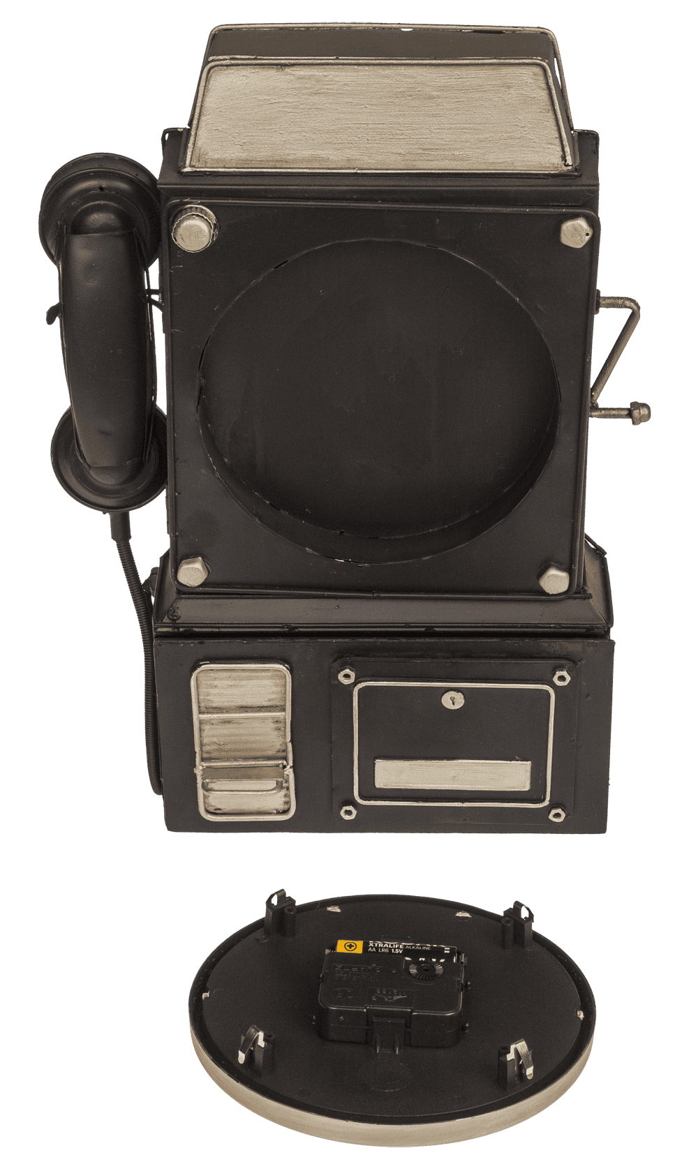 Metal key box, telephone,