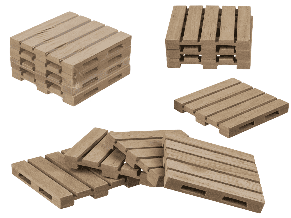 144353_000.png Natuurlijke houten coasters in palletvorm, set van 4 stuks, afmetingen ongeveer 10 x 4 cm.