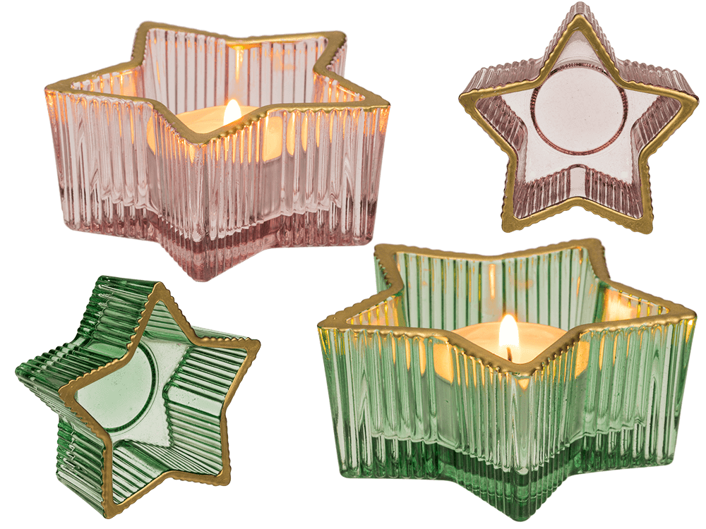 Glass tealight holder, star, 2 colours assorted,