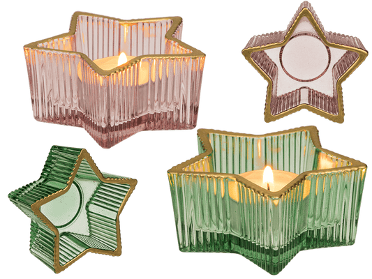 Glass tealight holder, star, 2 colours assorted,