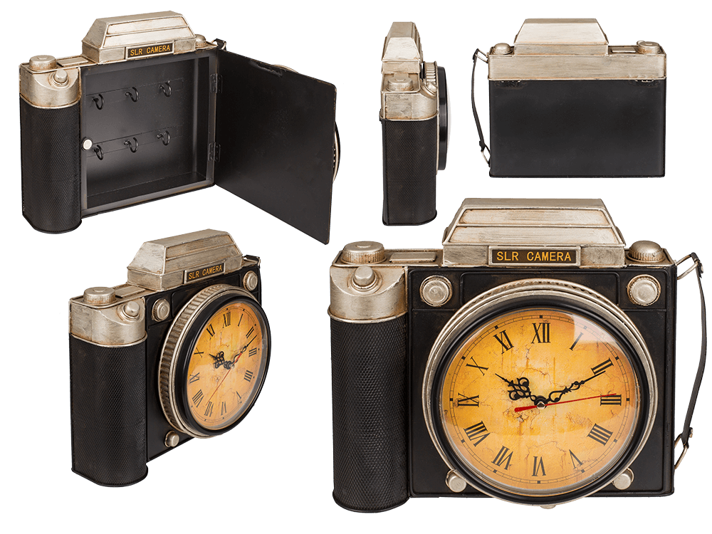 Metal key box, camera with clock,