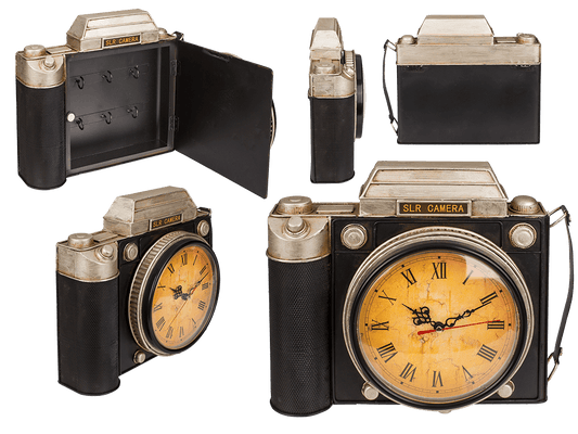 Metal key box, camera with clock,