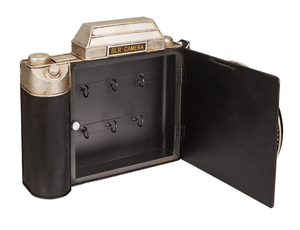 Metal key box, camera with clock,