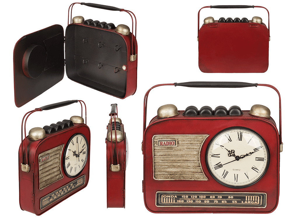 Metal key box, Radio with clock,