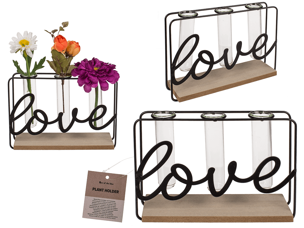 Metal plant holder on wooden base, Love,