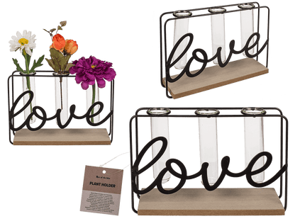 Metal plant holder on wooden base, Love,